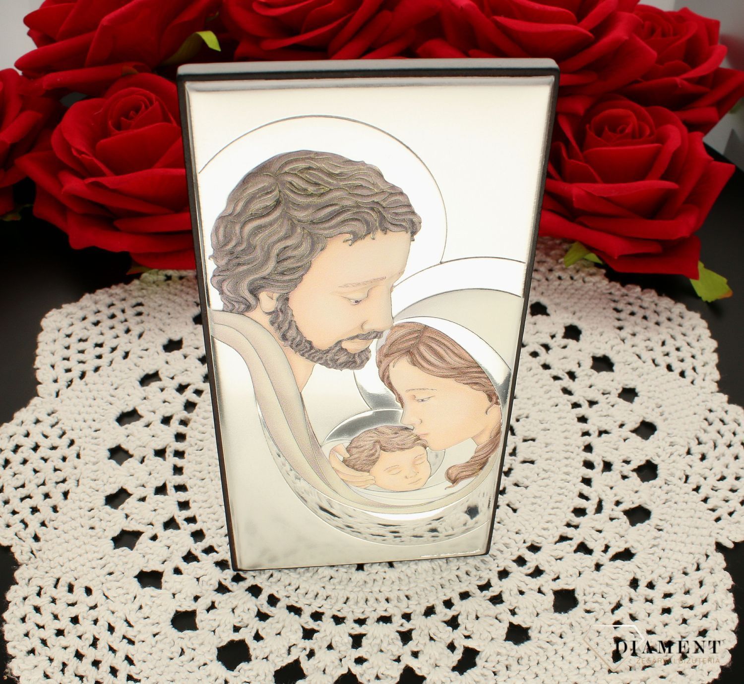 Obrazek srebrny Rodzina Święta w kolorze 6650.2 COL. Idealna pamiątka ślubu dla pary młodej lub na rocznicę zawarcia sakramentu małżeństwa. Obrazek z jezusem maryją i józefem. Obrazek święty na ślub..jpg